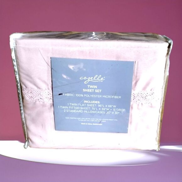 COZELLE TWIN SHEETS  Polyester Microfiber 4 Piece SHEET SET  Size BLUSH Lace NEW - Picture 1 of 8
